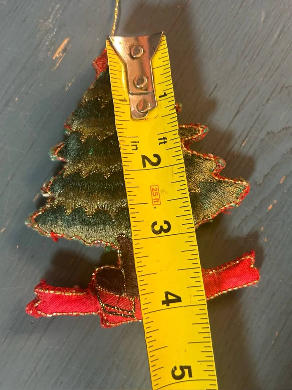 Handmade Green and Red Embroidered Christmas Tree Ornament w/Gold Stitching